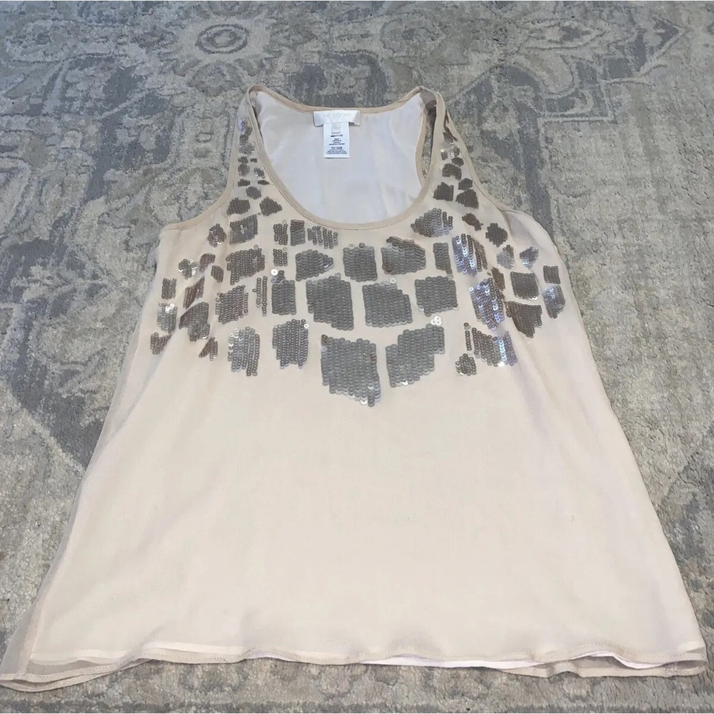 MM Couture Miss Me Silk Pinkish Beige Sequin Overlay‎ Tank Top Sz Medium Womens
